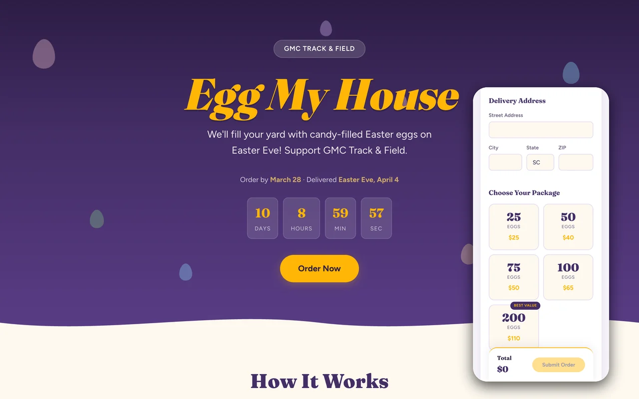 Egg My House fundraiser site with an order countdown, shown on desktop beside the mobile order form