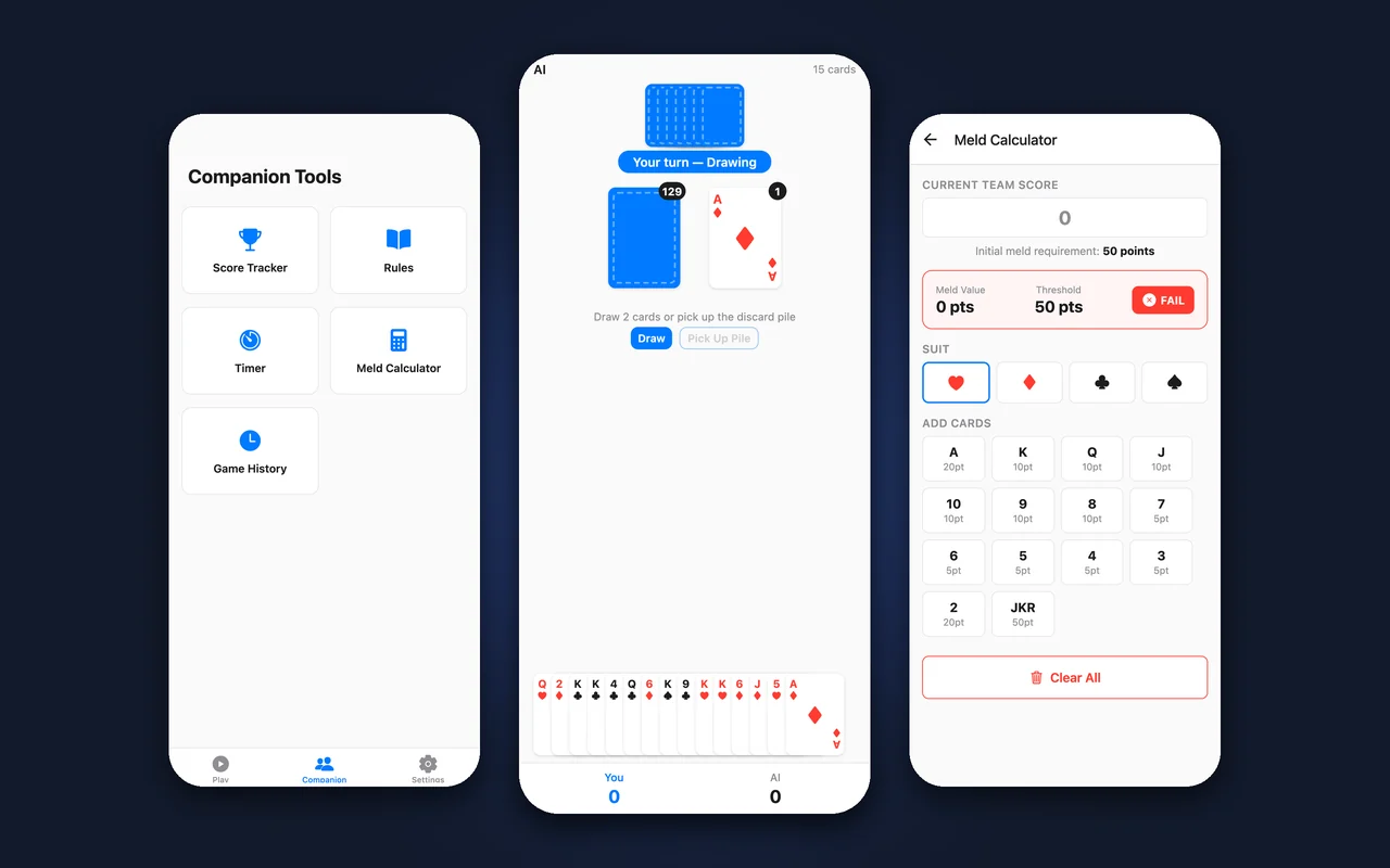 Three screens from the Samba app: the companion tools menu, a game against the AI, and the meld calculator